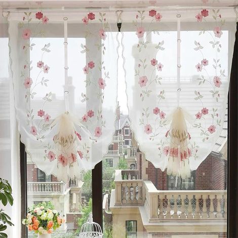 JSSEVN - Sheer kitchen curtains, rustic style floral embroidery jacquard curtains, short curtains (pink flowers, w80x h130 (Pack of 2)) (1/5)