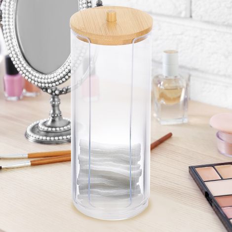 Boîte de rangement cylindrique transparente pour épices et cotons-tiges avec couvercle en bambou (cylindre long, ouverture latérale) (1/5)