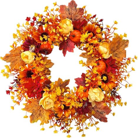 Couronne Automnale Artificielle 45 cm avec Fleurs, Citrouilles et Feuillage d’Érable, Décoration de Porte et Maison (1/5)