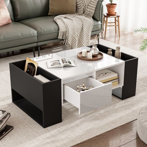 Mesa de centro, diseño en blanco y negro, estilo contemporáneo, acabado alto brillo, con cajones y 4 compartimentos de almacenaje abiertos, 105x60x40,5 cm (1/5)
