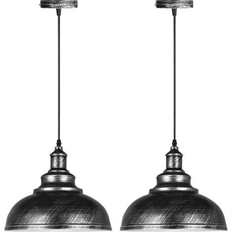 TAISHENGDA-Lot de 2 Suspension Luminaire Industrielle Lustre Plafonnier Vintage E27 Rétro Métal Lampe de de Plafond pour Cuisine Salle à Manger Salon Restaurant, Diamètre 29 cm (Couleur Argent) (1/5)