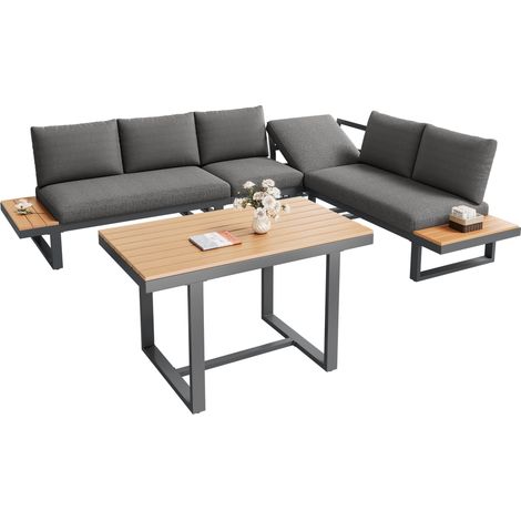 Ensemble de Salon de Jardin Exterieur avec Inclinaison réglable (5 Positions, Jusqu’à 55°),Table à Manger,Tube en Acier galvanisé,Plateau en Bois-Plastique,avec Table à Manger (E-Gris + Noir)