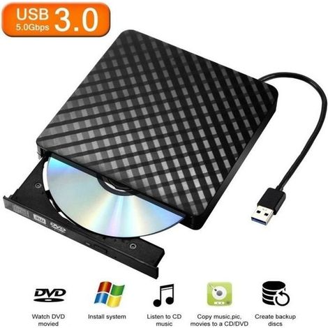 Graveur DVD Externe - Compatible Windows & Mac - USB 3.0 - Noir - Supporte DVD/CD-RW (1/4)