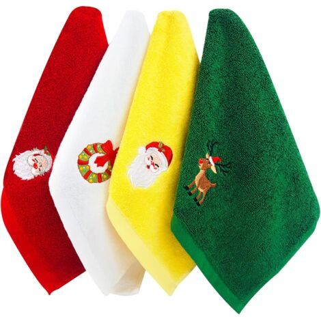 Serviettes de Noël 4 Packs Débarbouillettes Serviettes en pur coton Ensemble de torchons décoratifs pour la salle de bain Ensemble de serviettes de Noël pour la conception de motifs de Noël Ensemble