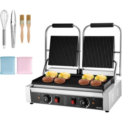VEVOR Piastra per panini professionale, piastra elettrica per panini da 3600 W, doppia piastra per panini in acciaio inox, controllo della temperatura, piastra smaltata scanalata da 48 x 23 cm (1/5)