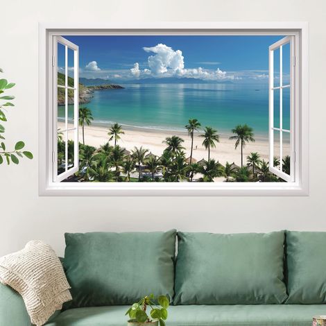 Sticker mural 3D - Motif plage et palmier - Pour salon, chambre à coucher, cuisine, couloir, salle de bain - Décoration mer Méditerranée - Motif paysage naturel - 82 x 53 cm (l x h) (1/5)
