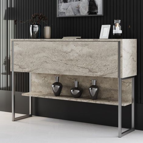 Modern Sideboard Travertin Luxus 120x80x30 - Silberner Rahmen -
