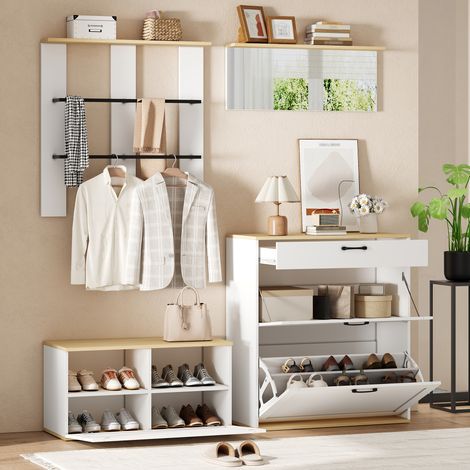 Ensemble meuble d'entrée avec miroir, tiroirs et banc à chaussures intégré, armoire multifonction blanche et bois, combinable pour salon ou couloir, dimensions 156x36x176 cm. (1/5)