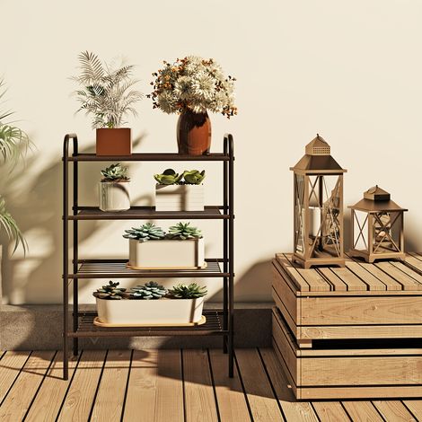 Supporto per piante in metallo a 4 livelli (1 pezzo), scaffale portaoggetti versatile, organizer multiuso per interni ed esterni, nero/bianco (1/5)