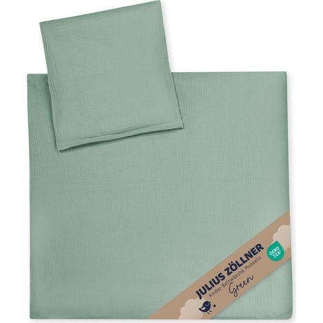 Parure de lit pour Enfant en Mousseline 80 x 80 cm + 35 x 40 cm - 2 pièces - Housse de Couette et taie d'oreiller en Mousseline 100% Coton - Vert (1/5)
