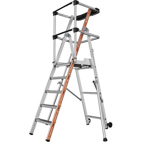Tubesca Comabi – Plateforme Raptor escabeau 5 marches – Garde-corps rigide 3 côtés avec sangles – Marches antidérapantes 80 mm – Plancher en bois éco-sourcé