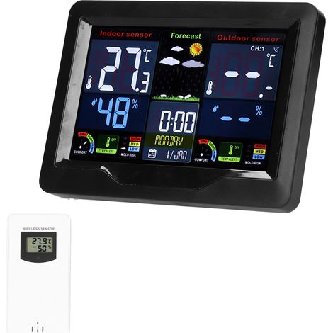 Horloge météo couleur 3383C avec détecteur de confort intérieur, capteur sans fil, réveil et stations météo. (1/5)