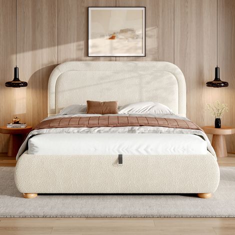 Polsterbett 140x200 cm mit hydraulischem Stauraum, Lattenrost und Kopfteil, Beige OKWISH (1/5)