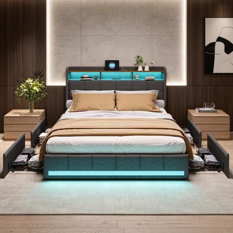 FOERPL-Doppelbett 140x200 mit 4 Schubladen und Stauraum, Bett mit Stauraum 140x200 mit LED-Beleuchtung und USB-Anschluss, Polsterbett 140x200 mit Lattenrost und Kopfteil, Bettgestell für 2 Personen (1/5)
