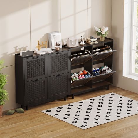 Scarpiera salvaspazio per ingresso stile scandinavo in mdf e rattan naturale nero con 4 ante a ribalta e 8 scomparti portascarpe - 55 x 36 x 108 cm (1/5)