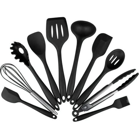 Silikon Küchenhelfer Set, 10 Stück Küchenutensilien Kochgeschirr Hitzebeständig Kochbesteck Backen Kochen Antihaft Kochzange, Schneebesen, Spachtel, Backpinsel, Pfannenwender
