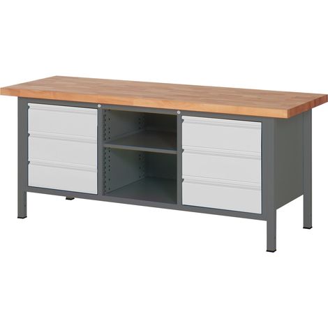 STIER Höhenverstellbare Werkbank Premium mit 6 Schubladen und einem offenen Fach BxTxH 2000x700x840-1040mm (1/5)