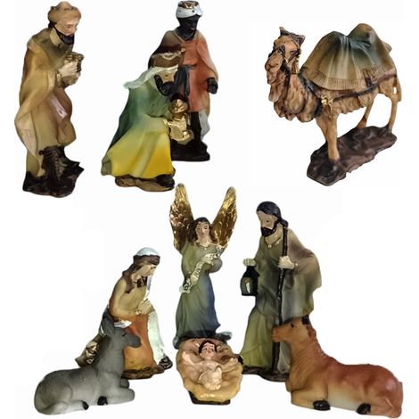 Natività SacraFamiglia 10pz pastorelli CM9 statuine pastori per presepe completa di re maggi bue asinello e cammello (1/5)
