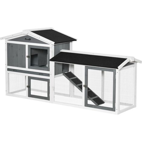 PawHut Rabbit Hutch, 2-Tier Wooden Animal House w/ Run Box, Ramp, White (1/5)
