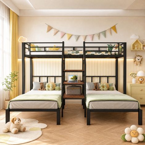 3er-Etagenbett 90 x 200 cm mit LED, Schreibtisch und Stauraum, schwarz/weiß HAVRYA