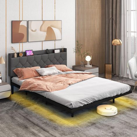 COSTWAY Lit 160x200 cm Design Flottant avec Éclairage LED, Cadre de Lit Double avec Sommier et Tête de Lit Rembourrée Réglable, Multiprise 2 Prises 2 Ports USB, Contrôle par APP, Assemblage Facile (1/2)