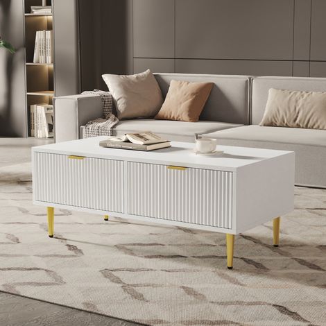 Tavolino 100 x 50 x 40 cm con 2 cassetti, MDF bianco e dorato DESVIAE (1/5)