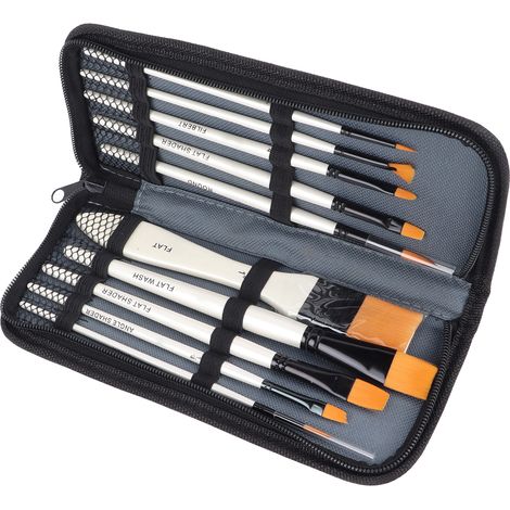 Ensemble de 10 pinceaux pour peinture à l'huile, poils en nylon doré, manche en bois, virole en aluminium, avec pochette de rangement. Convient pour l'acrylique et la gouache.