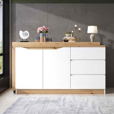 Bureau d'angle 120x50x78 cm en panneaux de bois blanc et chêne, modulable pour bureau FloraGrace (1/5)