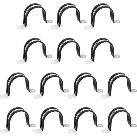 Paquete de 15 abrazaderas para mangueras de 63 mm, fabricadas en acero inoxidable 304, con doble orificio y forma de U, de color negro. (1/5)
