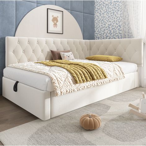 Letto imbottito 100x196x77 cm, con contenitore idraulico, testiera reversibile, velluto beige (1/5)