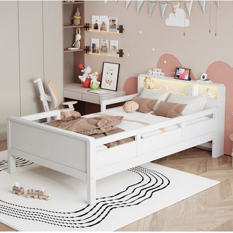 Lit enfant 90x200cm - Lit simple avec Port USB/Type-C, Éclairage LED et Tête de Lit Rangement – Bois – Blanc (1/5)