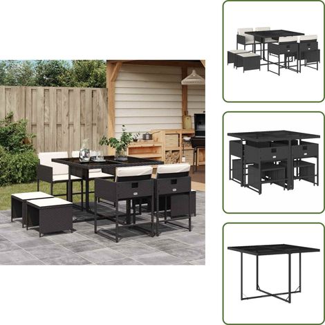 9-tlg. Garten-Essgruppe mit Kissen Schwarz Poly Rattan - Garten Essgruppe - Garten Essgruppen - Outdoor Essgruppe - Terrasse Essgruppe (1/5)