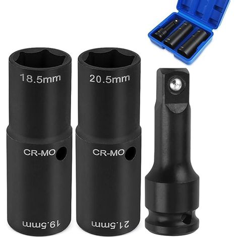 Jeu de 3 douilles pour écrous de roue, douilles à double tête de 18,5, 19,5, 20,5 et 21,5 mm avec rallonge de 7,5 cm pour clés à écrous de roue à entraînement 1/2", compatible avec Ford, Land Rover et (1/5)