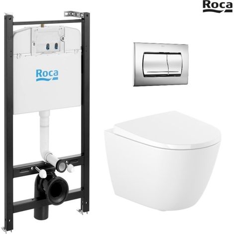 Bastidor ROCA active pack cisterna empotrada y pulsador cromo brillo con inodoro suspendido nebula black mate rimless (1/5)