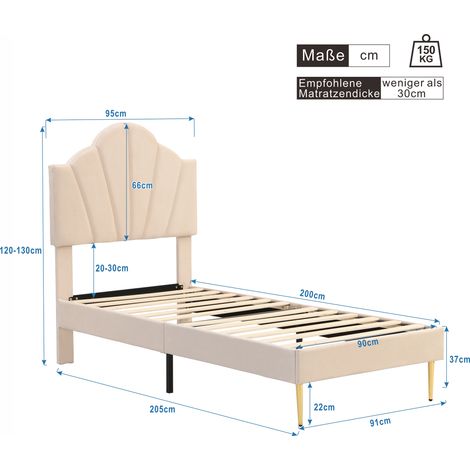 Lit en tissu velours 90x200 cm, tête de lit réglable en hauteur, pieds en fer doré design coquillage, sommier à lattes en bois, banquette de lit beige avec rangement intégré (1/5)