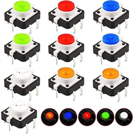 10 Pièces Mini Micro LED Interrupteurs à Bouton-poussoir Tactiles Momentané Miniature Momentary Tactile Tact Touch Commutateur à Bouton-Poussoir (12 12 7mm) (1/5)
