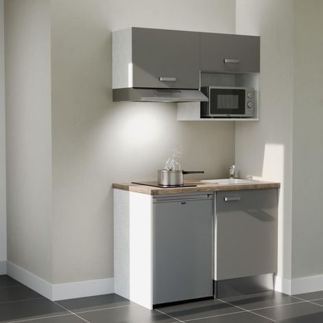Kitchenette K02L-PT - 120 cm - plan stratifié, évier inox, - Façade Gris - Plan Bois - Evier Inox - Crédences Non + Electroménager inclus coloris Inox