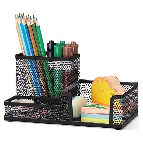 Portapenne a rete per scrivania, organizer da scrivania con 3 scomparti, portapenne in filo metallico, accessori per ufficio, nero (1/4)