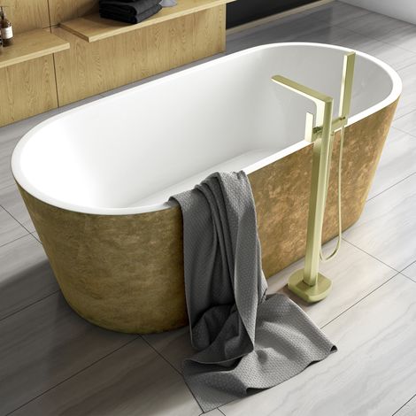 Luxury 1800x820 Gold Freestanding Bathtub with Brushed Brass Mixer Tap Set (1/4)