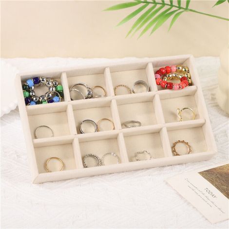 Plateau de rangement couleur beige 12 compartiments 21.312.42.4cm 1 boîte de rangement pour bijoux en velours grande taille adaptée aux bagues (1/5)