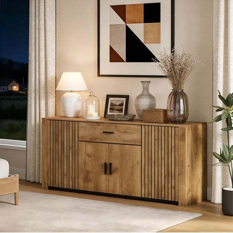 Aparador de madera, aparador de salón con 4 puertas, 1 cajón y estantes ajustables, 160x40x75 cm (1/5)