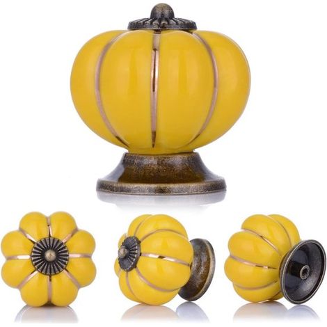 Lot de 4 boutons de meuble en céramique en forme de citrouille, 1,5 pouce, boutons décoratifs jaunes pour armoires de cuisine, tiroirs et meubles (1/5)