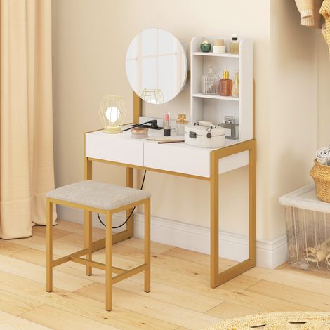 Schminktisch mit Spiegel und Hocker, Ladestation, Kosmetiktisch mit 2 Schubladen, 3 offenen Regalfächern, weiß