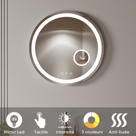 Miroir Mural LED Lumineux rond Ø60 cm (2100 LMS) Tactile : antibuée + intensité et Couleur réglables - collection Salle de Bain ARIA