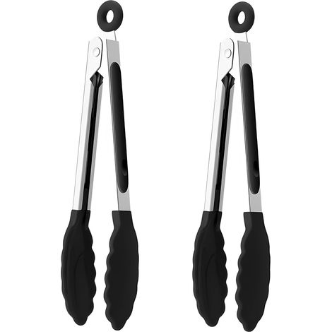 2 Pack Kitchen Tongs 8.7 Inch Silicone Heat Resistant up to 315°C Air Fryer Tongs with Non-stick Tips, Easy Lock (Black) (1/5)
