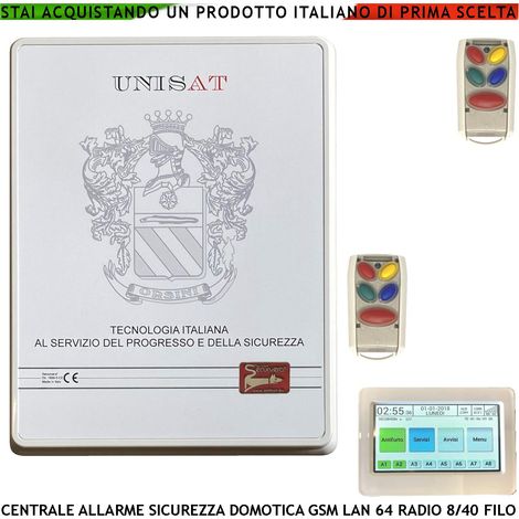 Centrale Unisat Impianto Allarme Via Filo 8 Zone Optional Fino a 40 Collegamenti e Funzioni Programmabili 8 Aree 50 Utenti Gestita da APP RFID 2 Radiocomandi 868 MHz HiFi 5 Relè Domotica GSM/GPRS LAN (1/4)