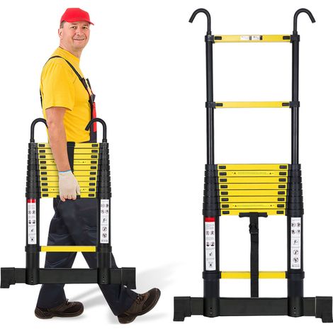 Jiubiaz Échelle télescopique escabeau 3,2m noire avec stabilisateur et crochets, 150kg