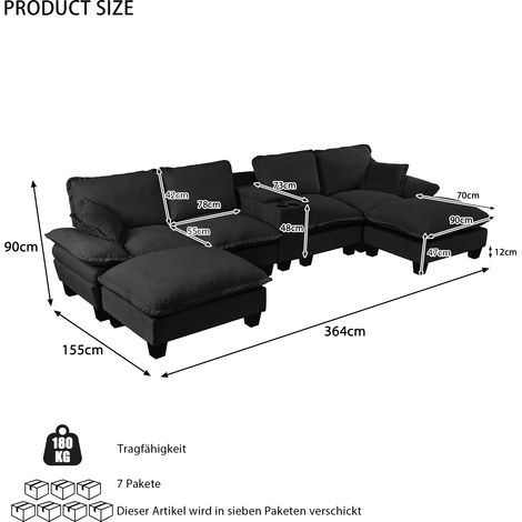 Canapé en U modulaire, sofa voilier avec USB, porte-verres et coffre, 2 tabourets + 2 coussins, housse en chenille noire pour salon et appartement