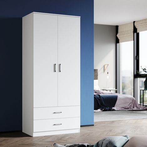 ELEGANT Soft Close Wardrobe Double 2 Doors Wardrobe with Shelves and Metal Handles Bedroom Large Storage Wardrobe, White (1/5)