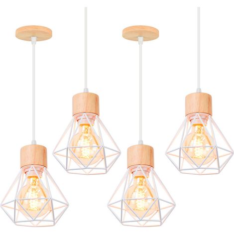 Lot de 4 Lustre Suspension Cage Diamant en Métal E27 Plafonnier Luminaire en Bois Blanc (1/5)